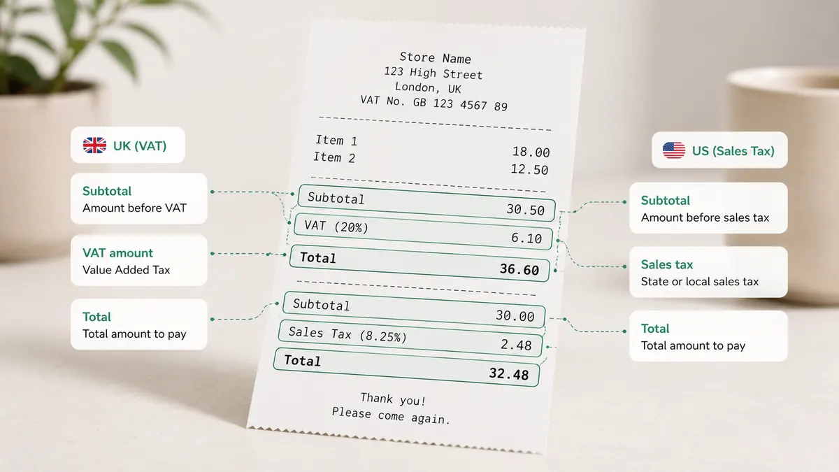Receipt tax breakdown, UK versus US